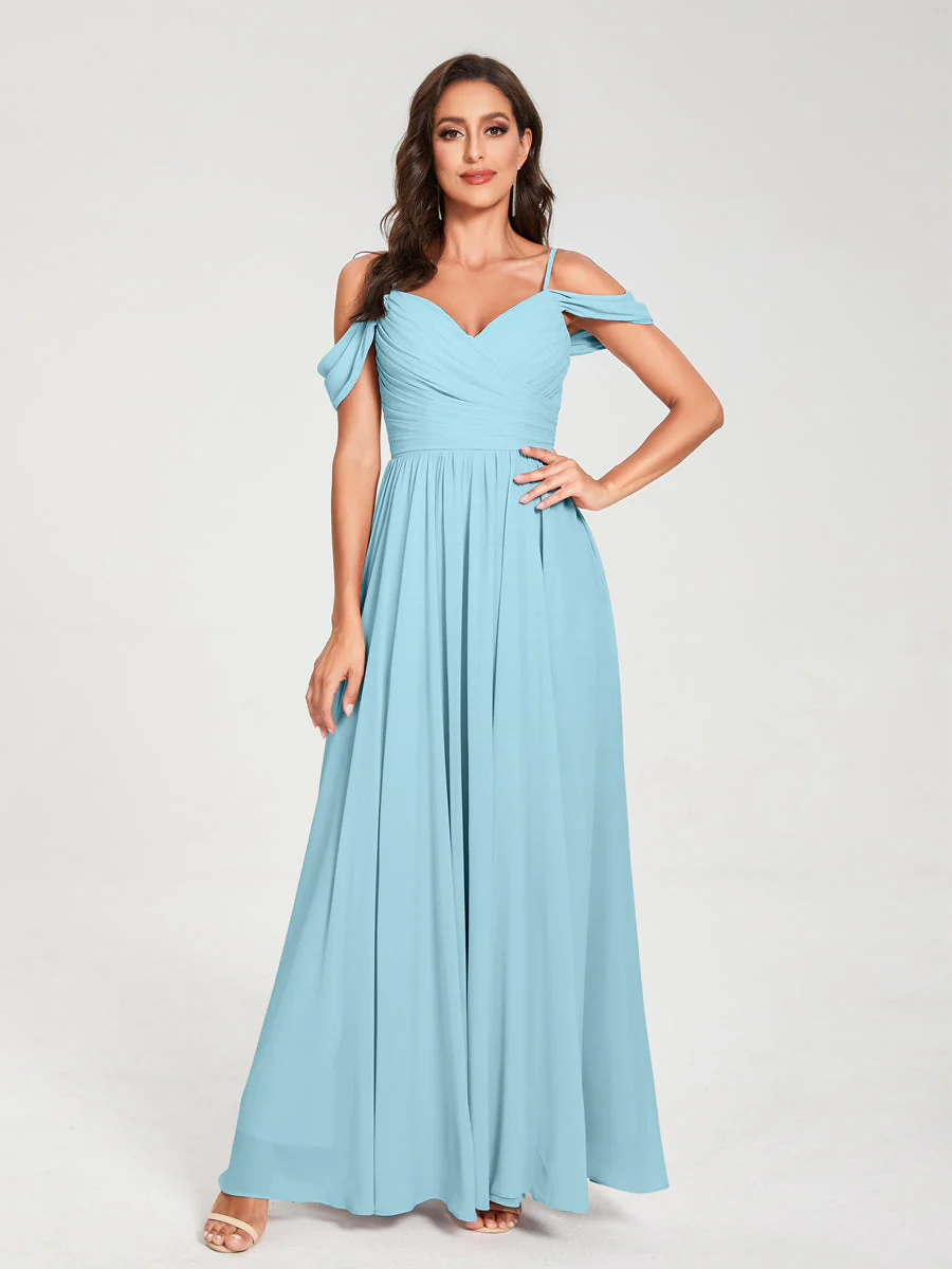 A-Line/Princess Chiffon Spaghetti Straps Off-the-Shoulder Sleeveless Floor-Length Split Side Bridesmaid Dresses - Image 49