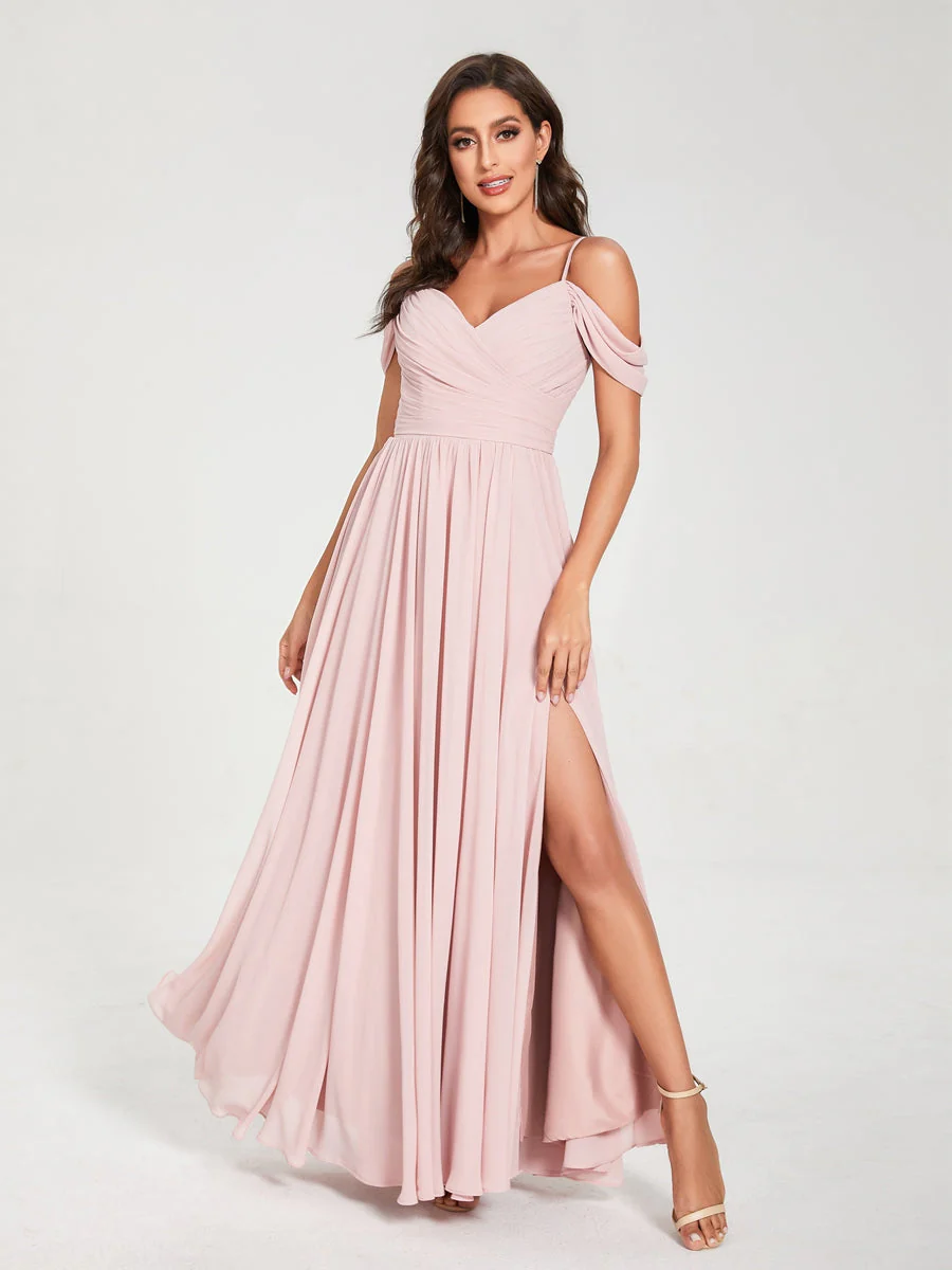 A-Line/Princess Chiffon Spaghetti Straps Off-the-Shoulder Sleeveless Floor-Length Split Side Bridesmaid Dresses - Image 5