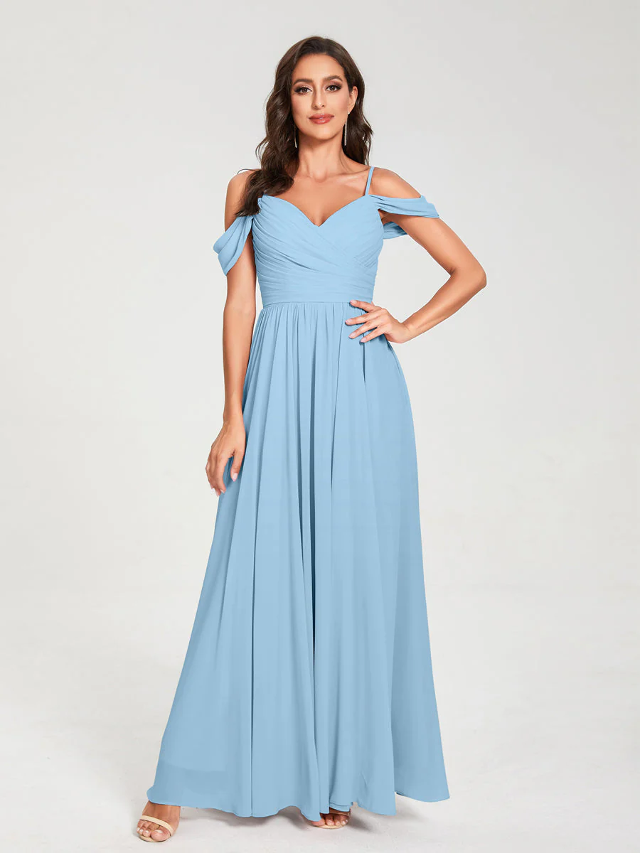 A-Line/Princess Chiffon Spaghetti Straps Off-the-Shoulder Sleeveless Floor-Length Split Side Bridesmaid Dresses - Image 50