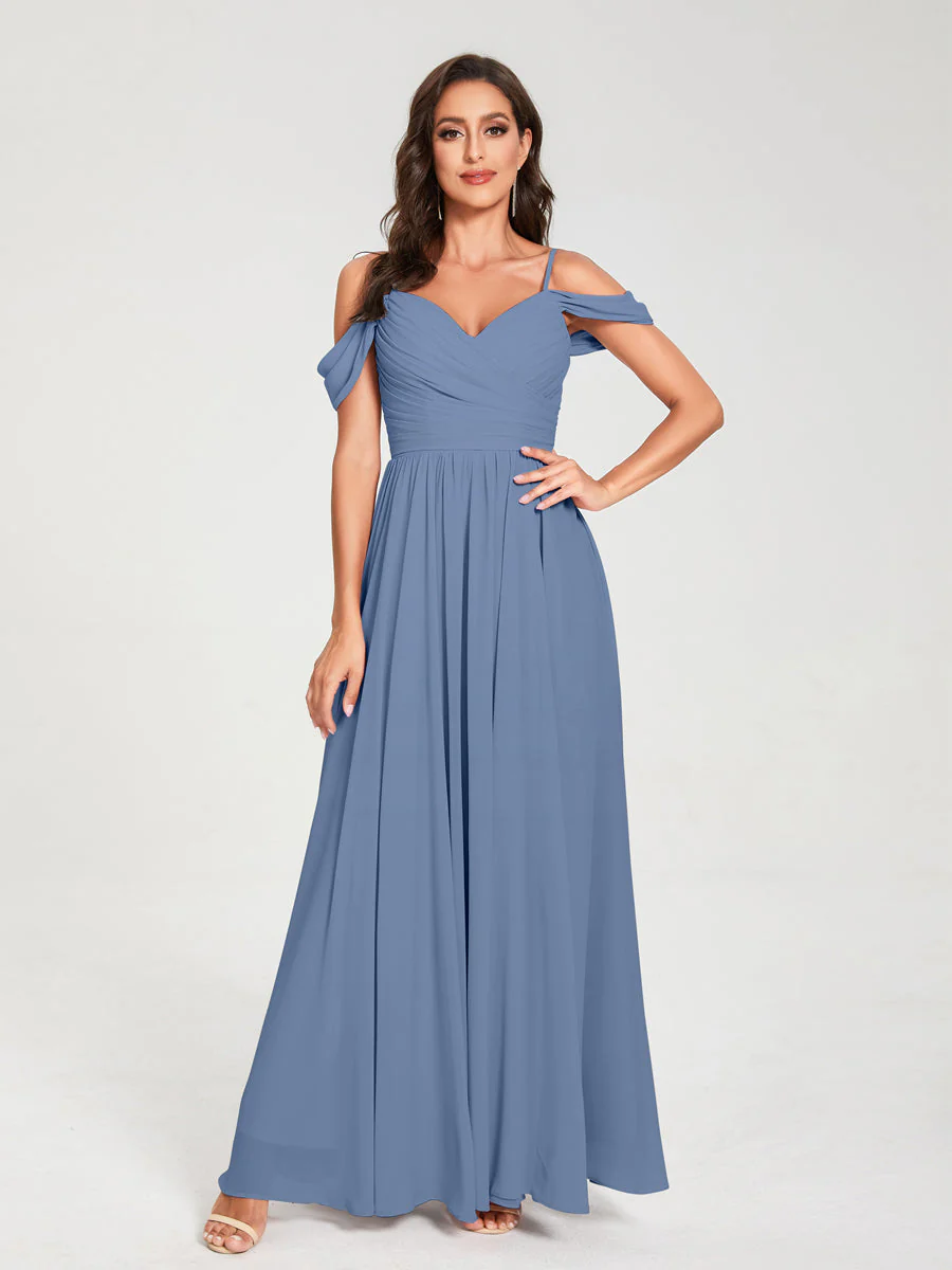 A-Line/Princess Chiffon Spaghetti Straps Off-the-Shoulder Sleeveless Floor-Length Split Side Bridesmaid Dresses - Image 51