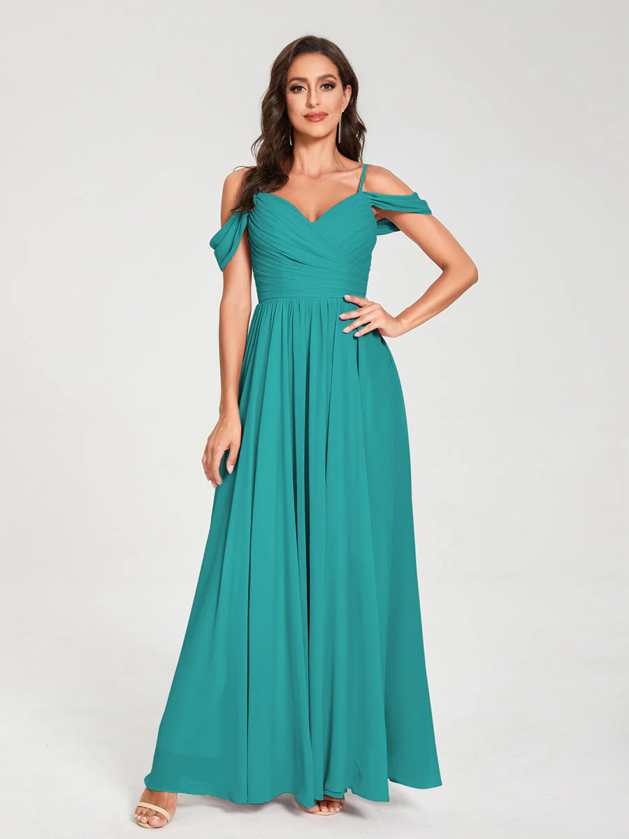 A-Line/Princess Chiffon Spaghetti Straps Off-the-Shoulder Sleeveless Floor-Length Split Side Bridesmaid Dresses - Image 52
