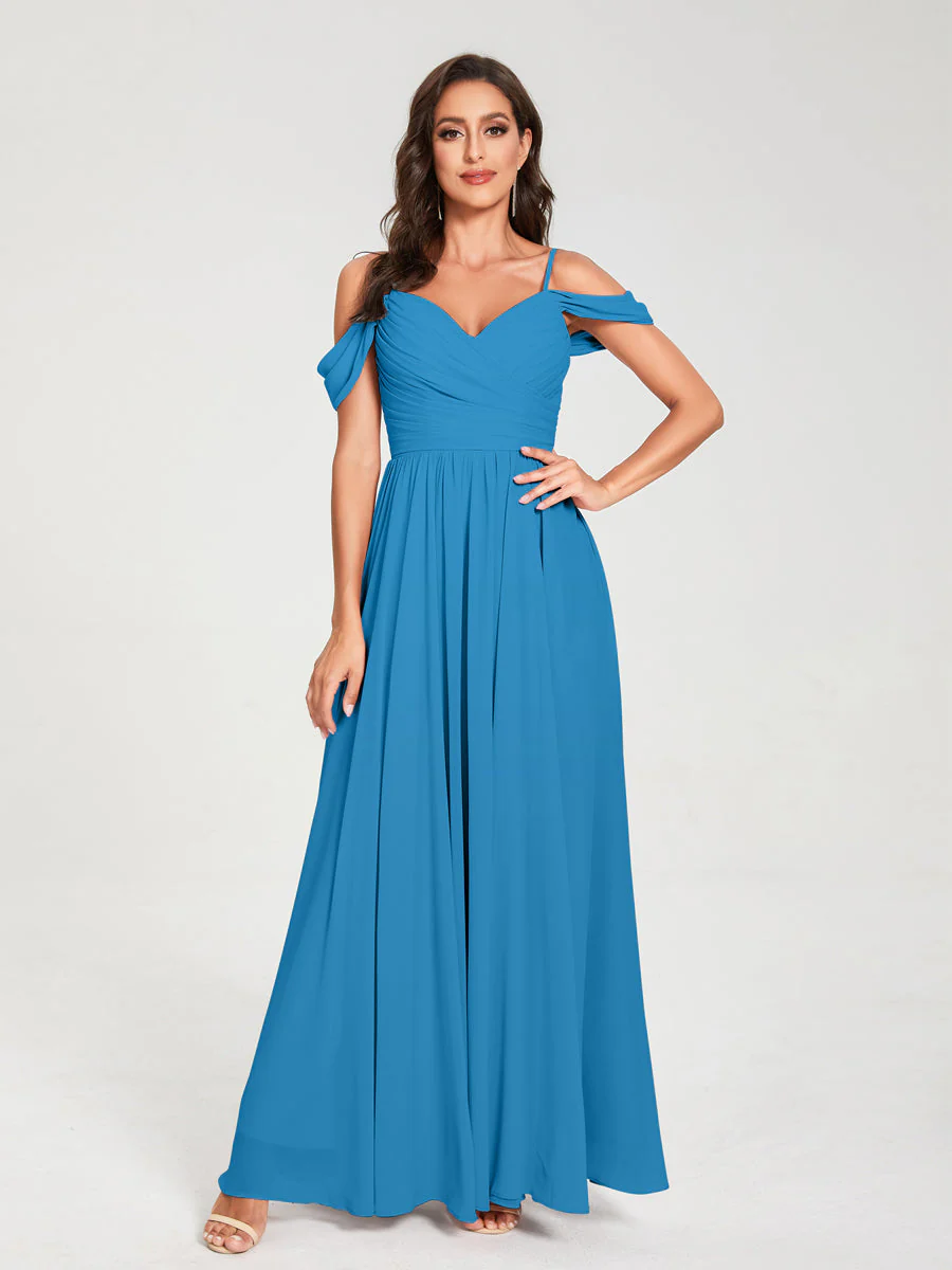 A-Line/Princess Chiffon Spaghetti Straps Off-the-Shoulder Sleeveless Floor-Length Split Side Bridesmaid Dresses - Image 53