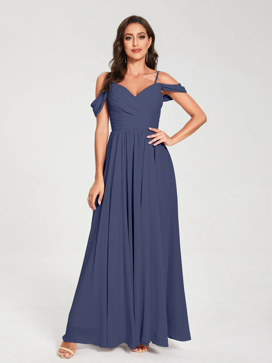 A-Line/Princess Chiffon Spaghetti Straps Off-the-Shoulder Sleeveless Floor-Length Split Side Bridesmaid Dresses - Image 57