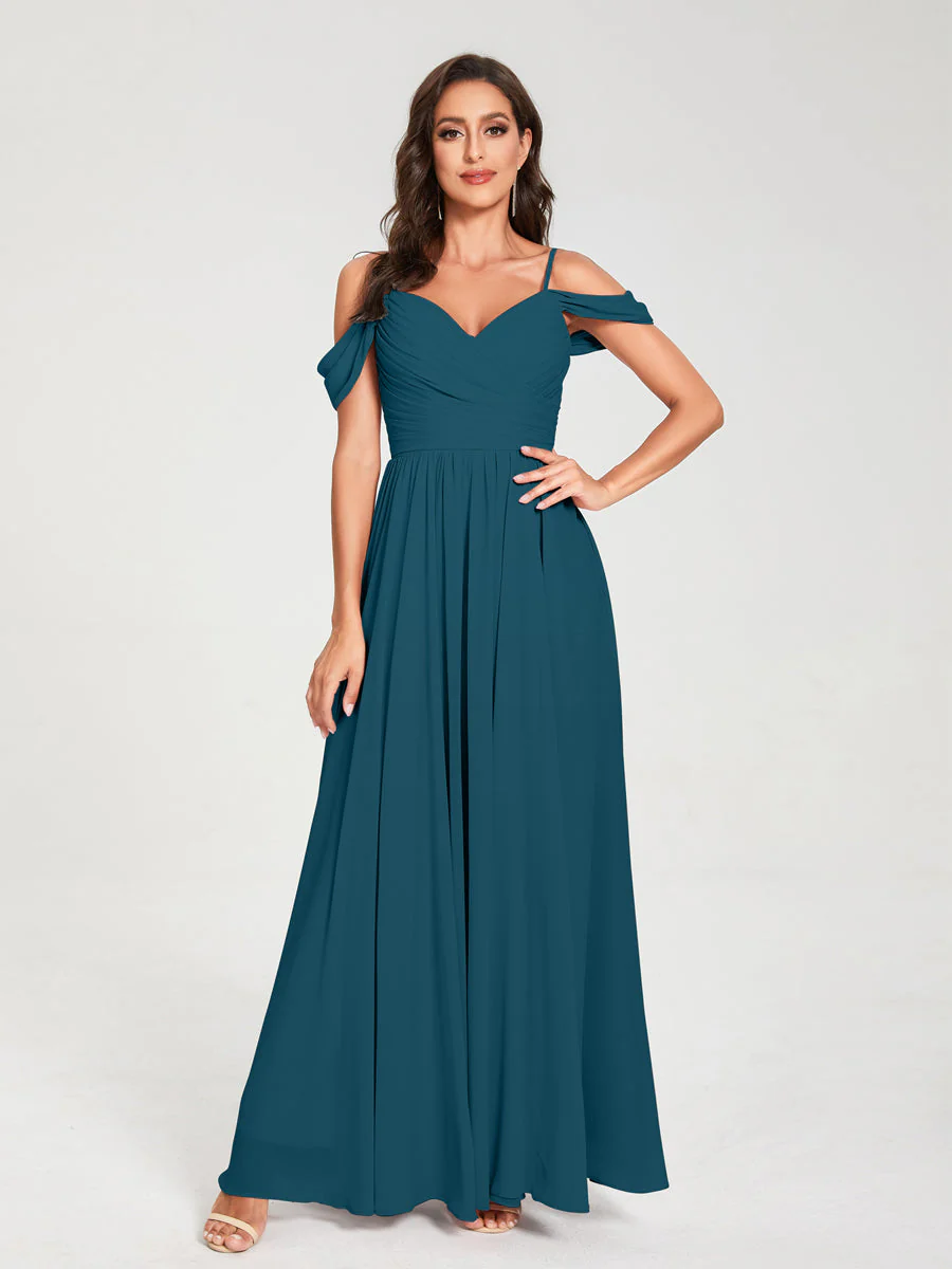 A-Line/Princess Chiffon Spaghetti Straps Off-the-Shoulder Sleeveless Floor-Length Split Side Bridesmaid Dresses - Image 58