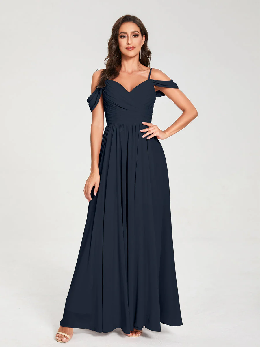 A-Line/Princess Chiffon Spaghetti Straps Off-the-Shoulder Sleeveless Floor-Length Split Side Bridesmaid Dresses - Image 59