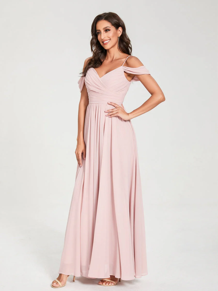 A-Line/Princess Chiffon Spaghetti Straps Off-the-Shoulder Sleeveless Floor-Length Split Side Bridesmaid Dresses - Image 6