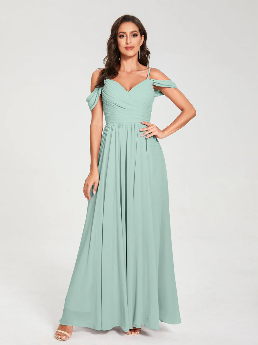 A-Line/Princess Chiffon Spaghetti Straps Off-the-Shoulder Sleeveless Floor-Length Split Side Bridesmaid Dresses - Image 60