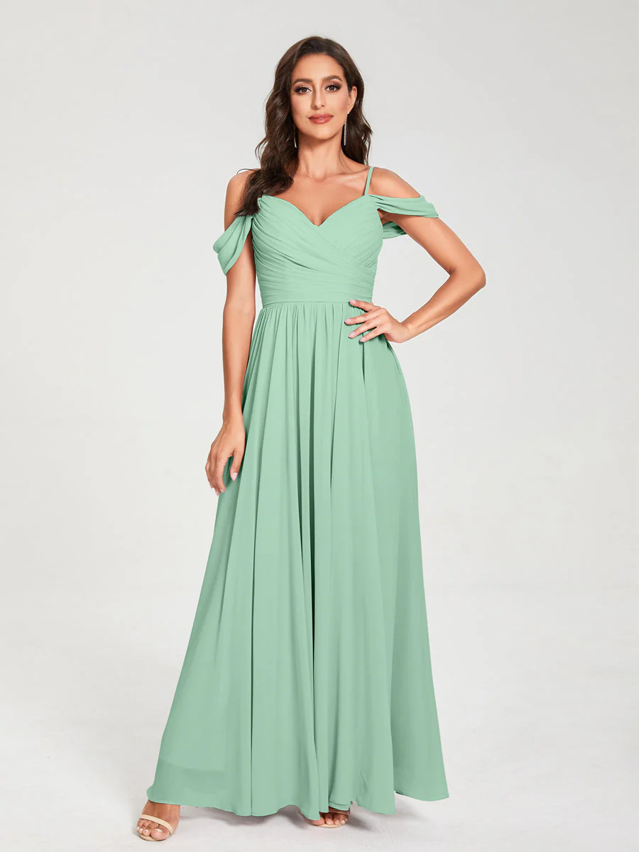 A-Line/Princess Chiffon Spaghetti Straps Off-the-Shoulder Sleeveless Floor-Length Split Side Bridesmaid Dresses - Image 61