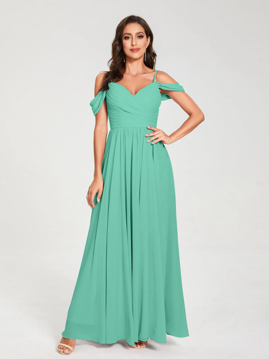 A-Line/Princess Chiffon Spaghetti Straps Off-the-Shoulder Sleeveless Floor-Length Split Side Bridesmaid Dresses - Image 62
