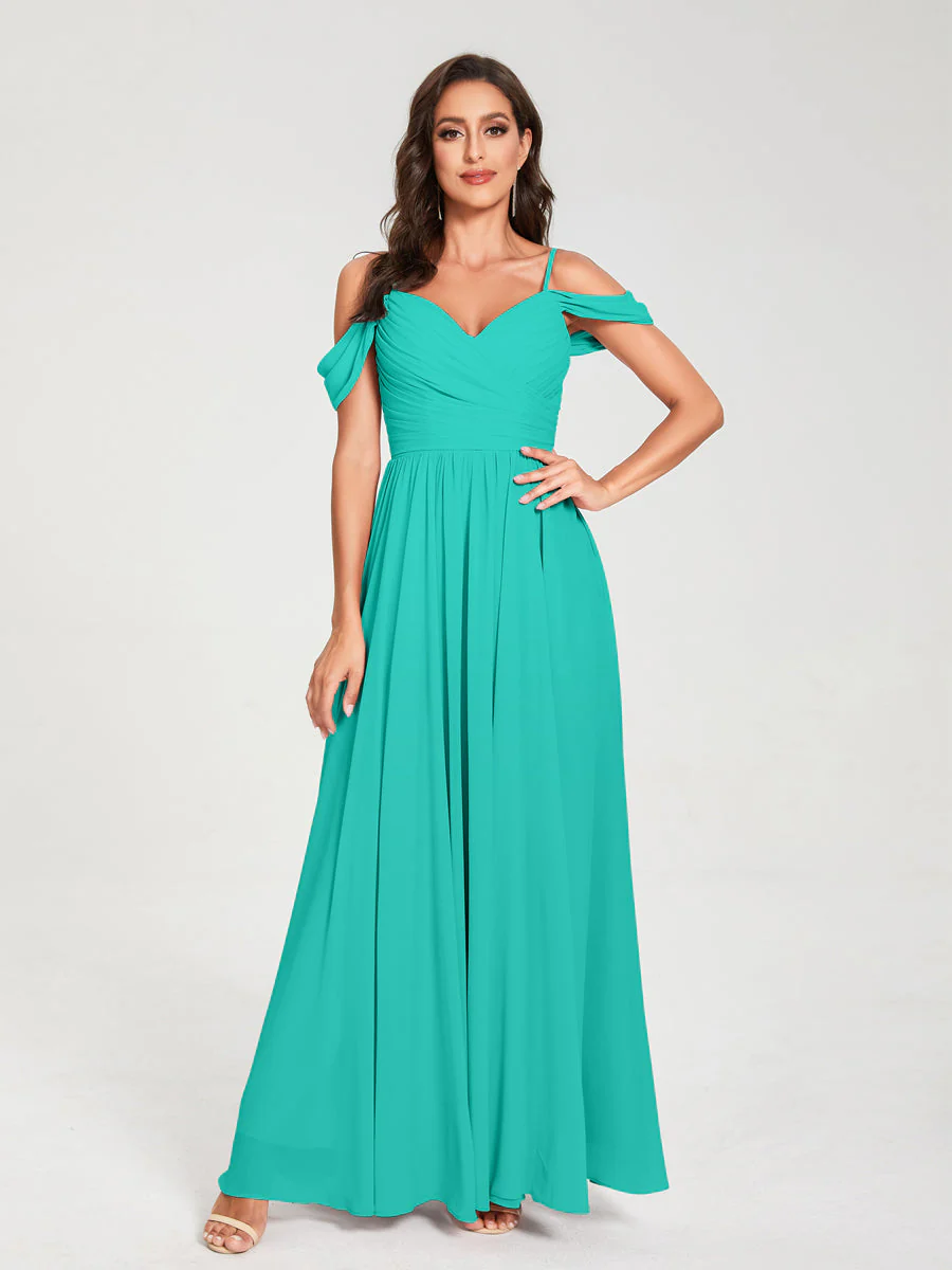 A-Line/Princess Chiffon Spaghetti Straps Off-the-Shoulder Sleeveless Floor-Length Split Side Bridesmaid Dresses - Image 63