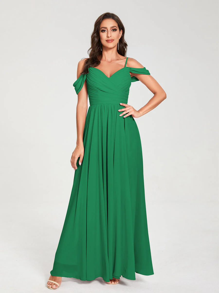 A-Line/Princess Chiffon Spaghetti Straps Off-the-Shoulder Sleeveless Floor-Length Split Side Bridesmaid Dresses - Image 64