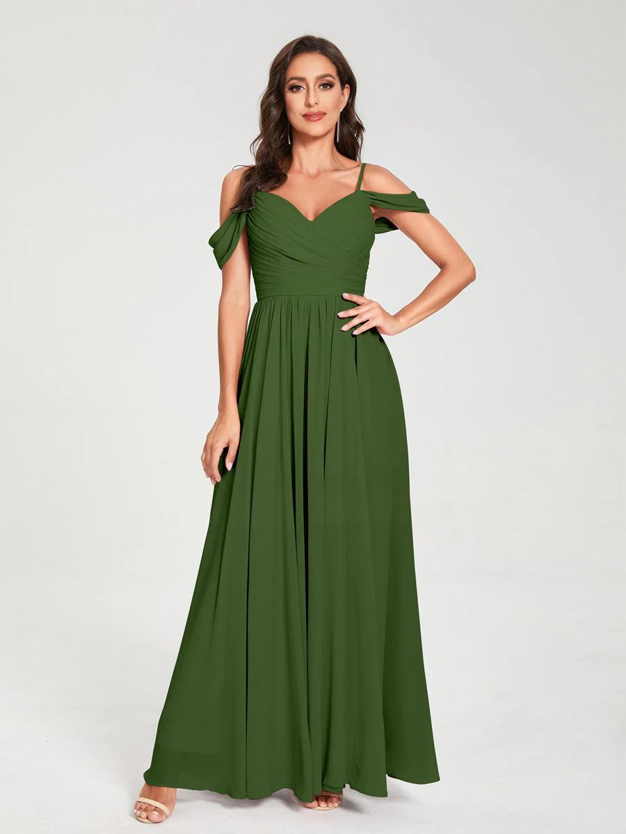 A-Line/Princess Chiffon Spaghetti Straps Off-the-Shoulder Sleeveless Floor-Length Split Side Bridesmaid Dresses - Image 65