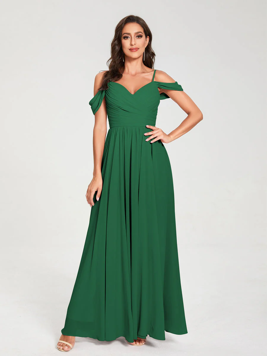 A-Line/Princess Chiffon Spaghetti Straps Off-the-Shoulder Sleeveless Floor-Length Split Side Bridesmaid Dresses - Image 67