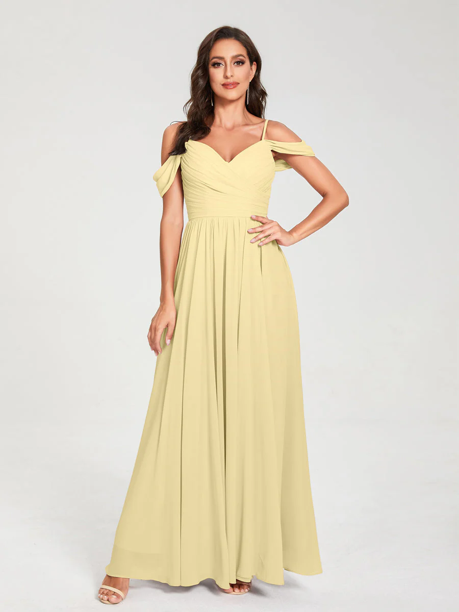 A-Line/Princess Chiffon Spaghetti Straps Off-the-Shoulder Sleeveless Floor-Length Split Side Bridesmaid Dresses - Image 68
