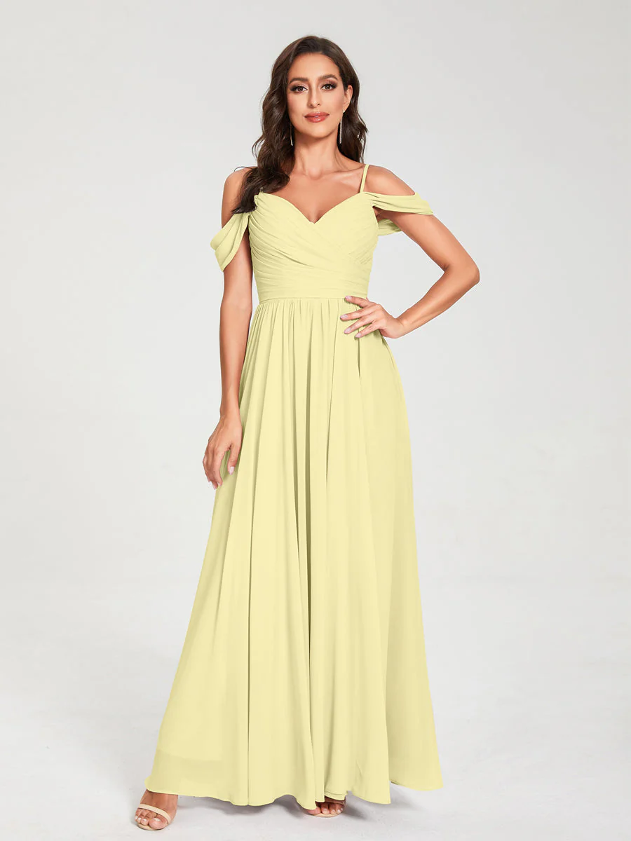 A-Line/Princess Chiffon Spaghetti Straps Off-the-Shoulder Sleeveless Floor-Length Split Side Bridesmaid Dresses - Image 69