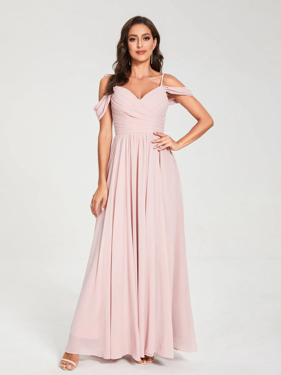 A-Line/Princess Chiffon Spaghetti Straps Off-the-Shoulder Sleeveless Floor-Length Split Side Bridesmaid Dresses - Image 7
