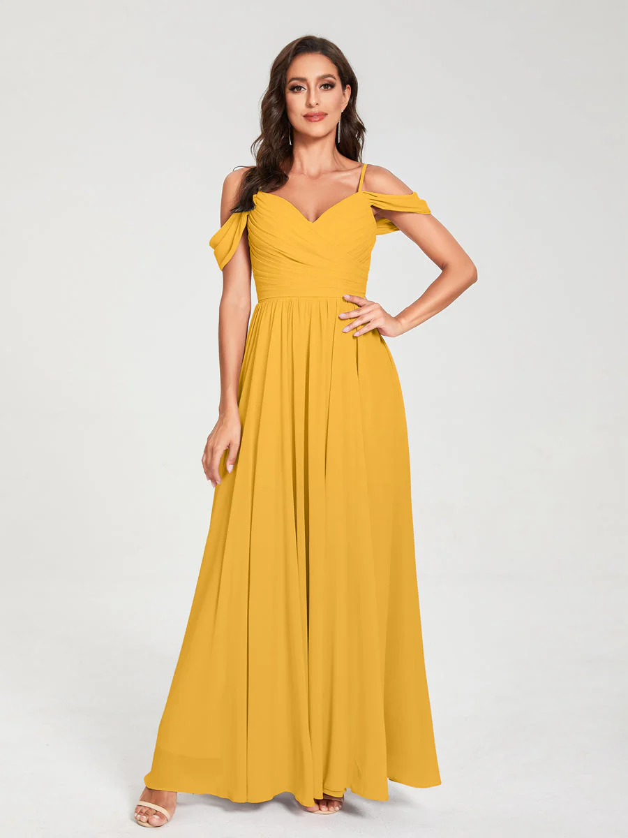 A-Line/Princess Chiffon Spaghetti Straps Off-the-Shoulder Sleeveless Floor-Length Split Side Bridesmaid Dresses - Image 70