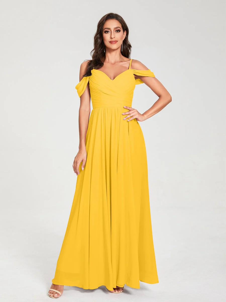 A-Line/Princess Chiffon Spaghetti Straps Off-the-Shoulder Sleeveless Floor-Length Split Side Bridesmaid Dresses - Image 71
