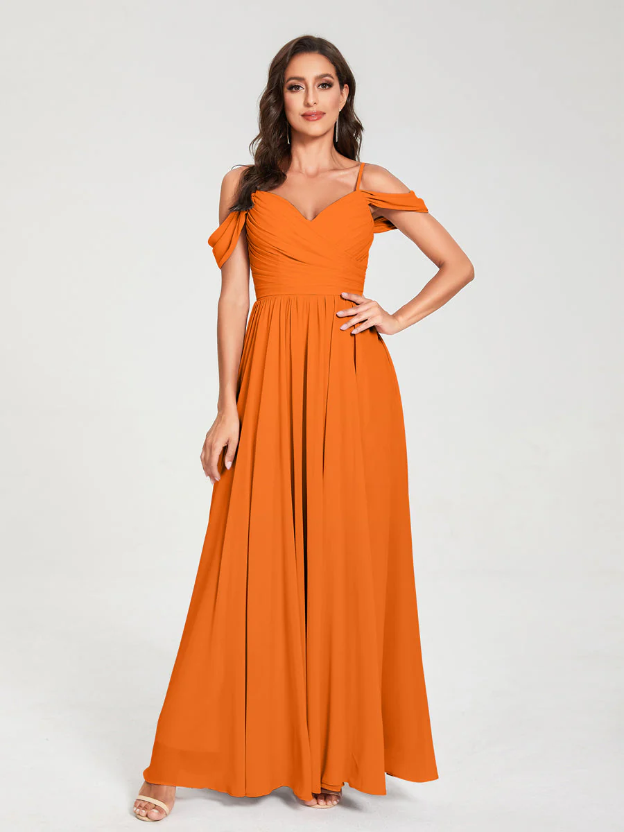 A-Line/Princess Chiffon Spaghetti Straps Off-the-Shoulder Sleeveless Floor-Length Split Side Bridesmaid Dresses - Image 72