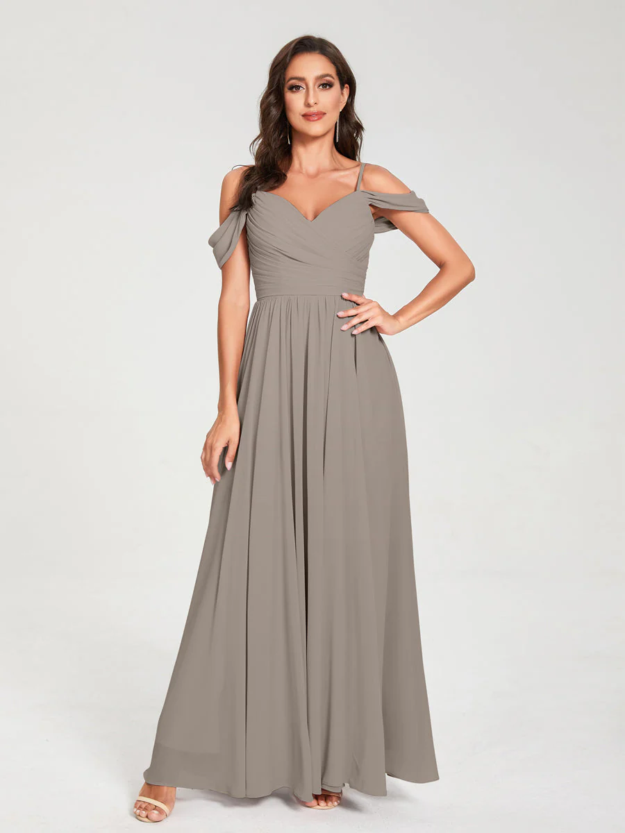 A-Line/Princess Chiffon Spaghetti Straps Off-the-Shoulder Sleeveless Floor-Length Split Side Bridesmaid Dresses - Image 73