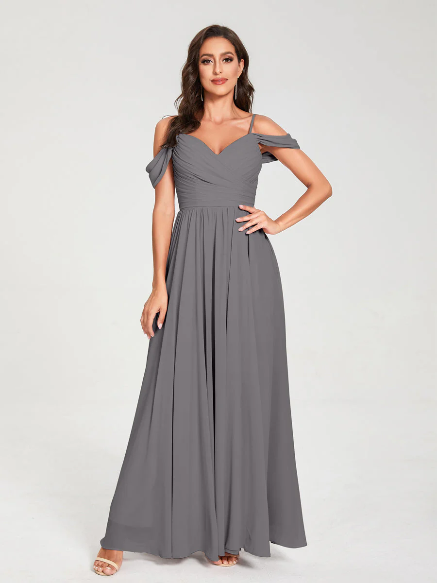 A-Line/Princess Chiffon Spaghetti Straps Off-the-Shoulder Sleeveless Floor-Length Split Side Bridesmaid Dresses - Image 74