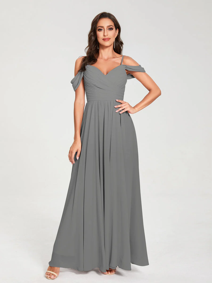 A-Line/Princess Chiffon Spaghetti Straps Off-the-Shoulder Sleeveless Floor-Length Split Side Bridesmaid Dresses - Image 75
