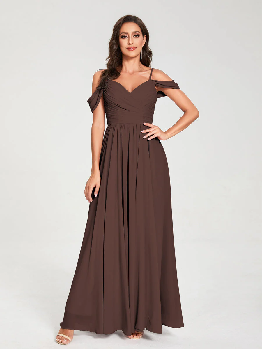 A-Line/Princess Chiffon Spaghetti Straps Off-the-Shoulder Sleeveless Floor-Length Split Side Bridesmaid Dresses - Image 76