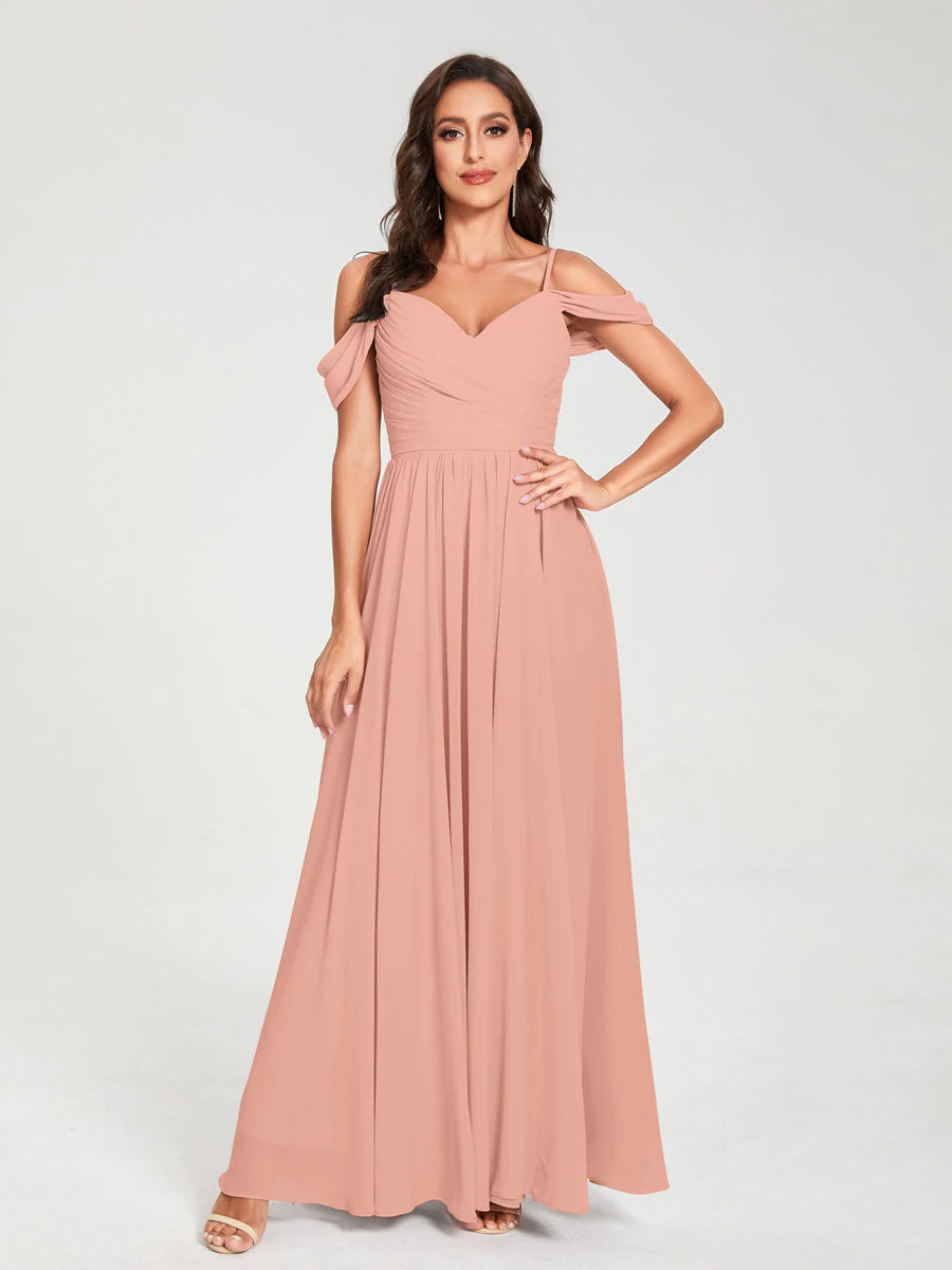 A-Line/Princess Chiffon Spaghetti Straps Off-the-Shoulder Sleeveless Floor-Length Split Side Bridesmaid Dresses - Image 8