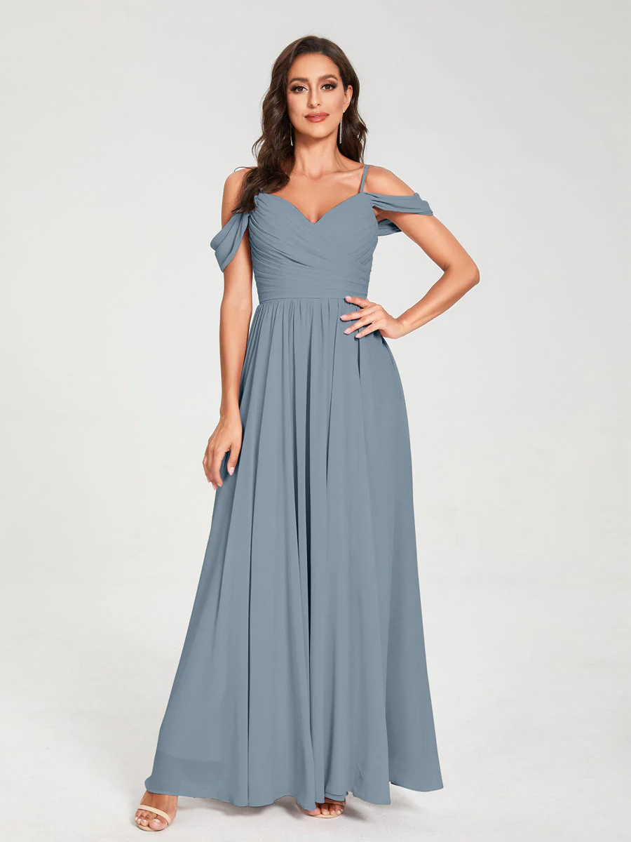 A-Line/Princess Chiffon Spaghetti Straps Off-the-Shoulder Sleeveless Floor-Length Split Side Bridesmaid Dresses - Image 9
