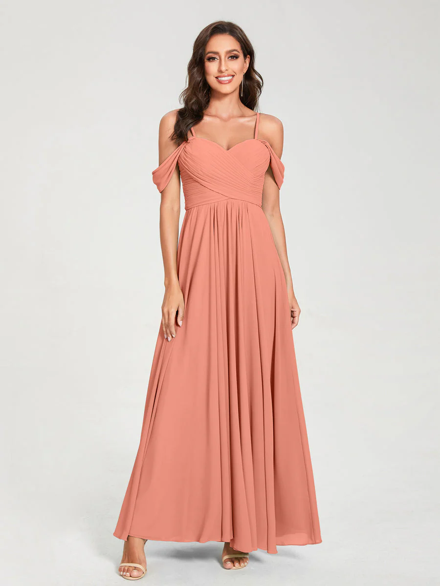 A-Line/Princess Chiffon Spaghetti Straps Short Sleeves Floor-Length With Pleats Bridesmaid Dresses - Image 16