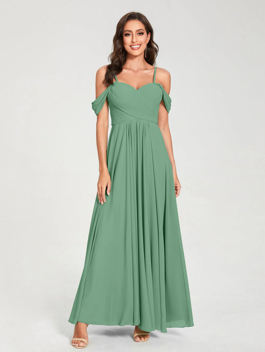 A-Line/Princess Chiffon Spaghetti Straps Short Sleeves Floor-Length With Pleats Bridesmaid Dresses - Image 18