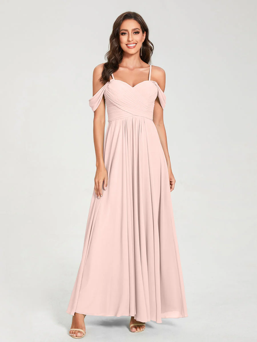 A-Line/Princess Chiffon Spaghetti Straps Short Sleeves Floor-Length With Pleats Bridesmaid Dresses - Image 28