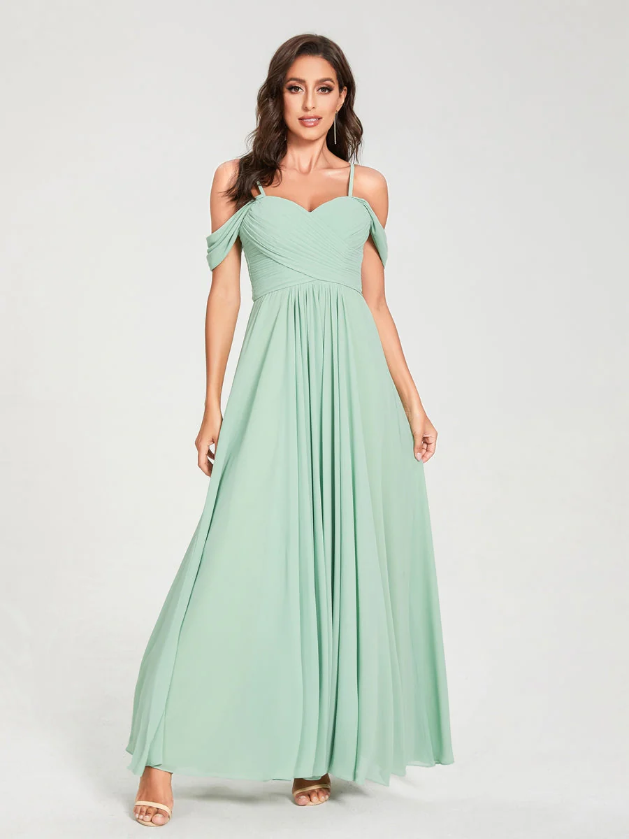 A-Line/Princess Chiffon Spaghetti Straps Short Sleeves Floor-Length With Pleats Bridesmaid Dresses - Image 3