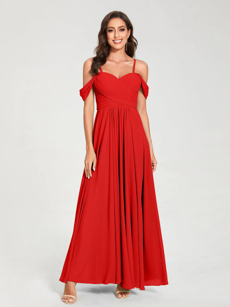 A-Line/Princess Chiffon Spaghetti Straps Short Sleeves Floor-Length With Pleats Bridesmaid Dresses - Image 37