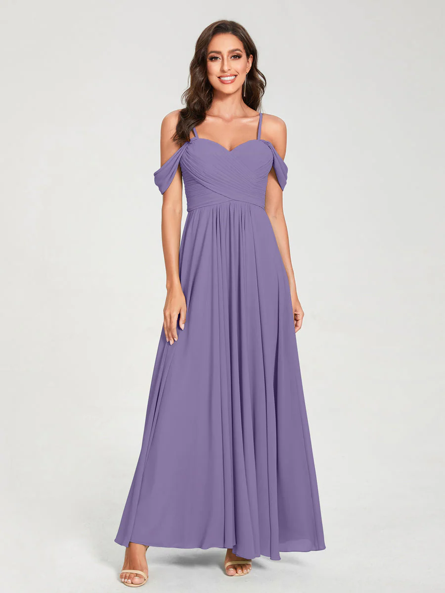 A-Line/Princess Chiffon Spaghetti Straps Short Sleeves Floor-Length With Pleats Bridesmaid Dresses - Image 42