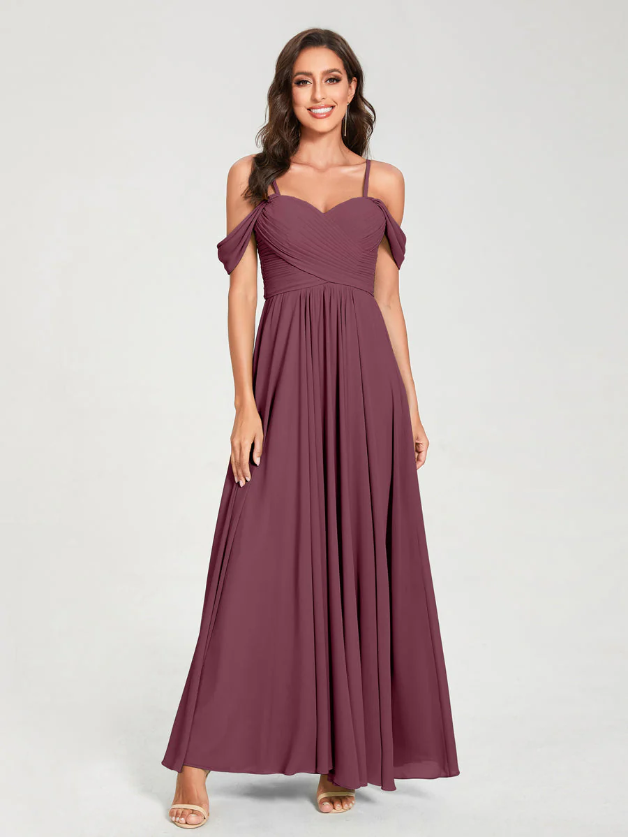 A-Line/Princess Chiffon Spaghetti Straps Short Sleeves Floor-Length With Pleats Bridesmaid Dresses - Image 44