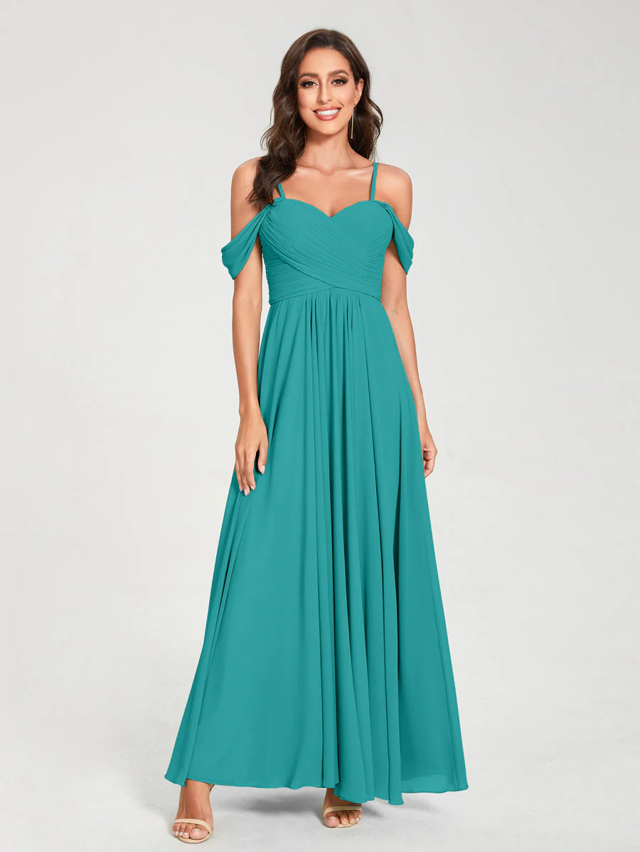 A-Line/Princess Chiffon Spaghetti Straps Short Sleeves Floor-Length With Pleats Bridesmaid Dresses - Image 53