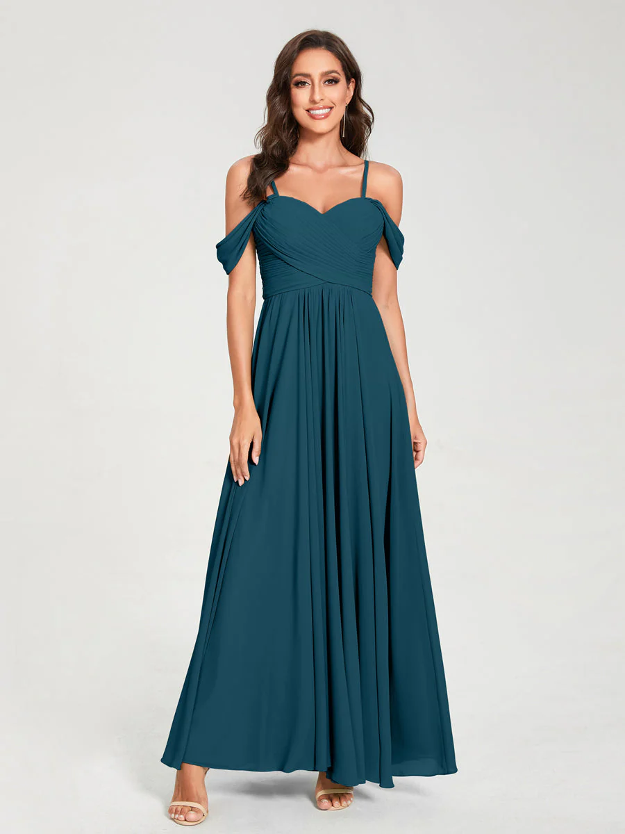 A-Line/Princess Chiffon Spaghetti Straps Short Sleeves Floor-Length With Pleats Bridesmaid Dresses - Image 59