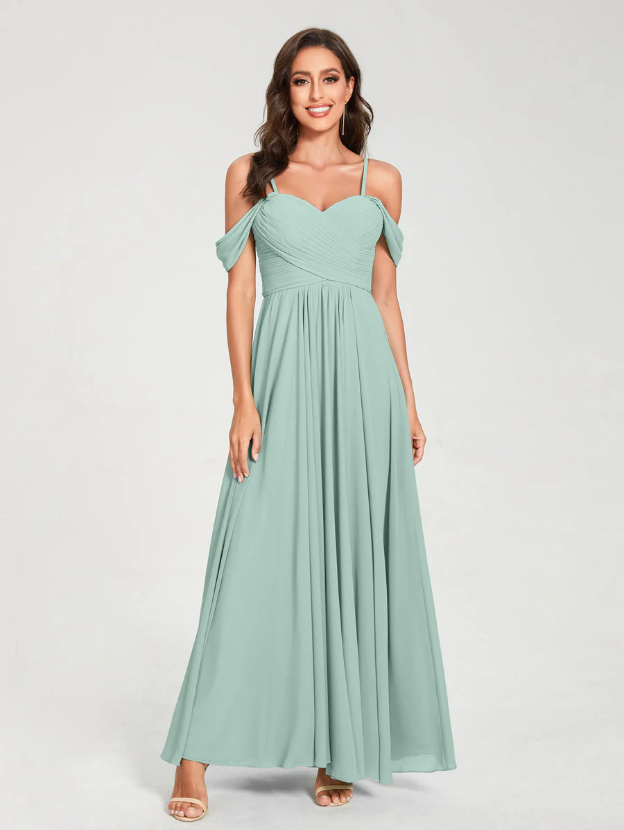 A-Line/Princess Chiffon Spaghetti Straps Short Sleeves Floor-Length With Pleats Bridesmaid Dresses - Image 61