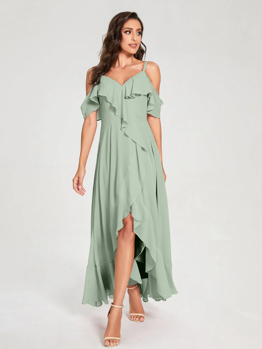 A-Line/Princess Chiffon Spaghetti Straps V-Neck Short Sleeves With Ruffles Asymmetrical Bridesmaid Dresses - Image 10
