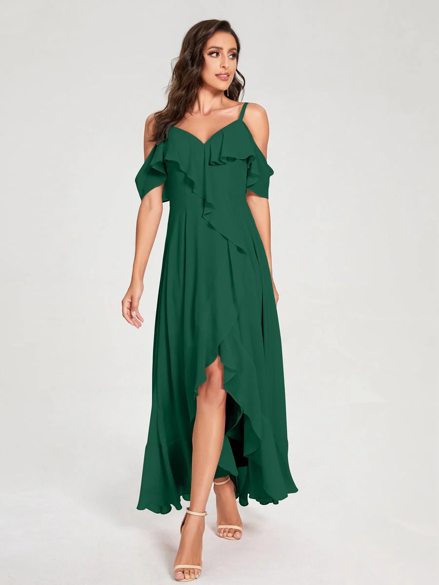 A-Line/Princess Chiffon Spaghetti Straps V-Neck Short Sleeves With Ruffles Asymmetrical Bridesmaid Dresses - Image 11
