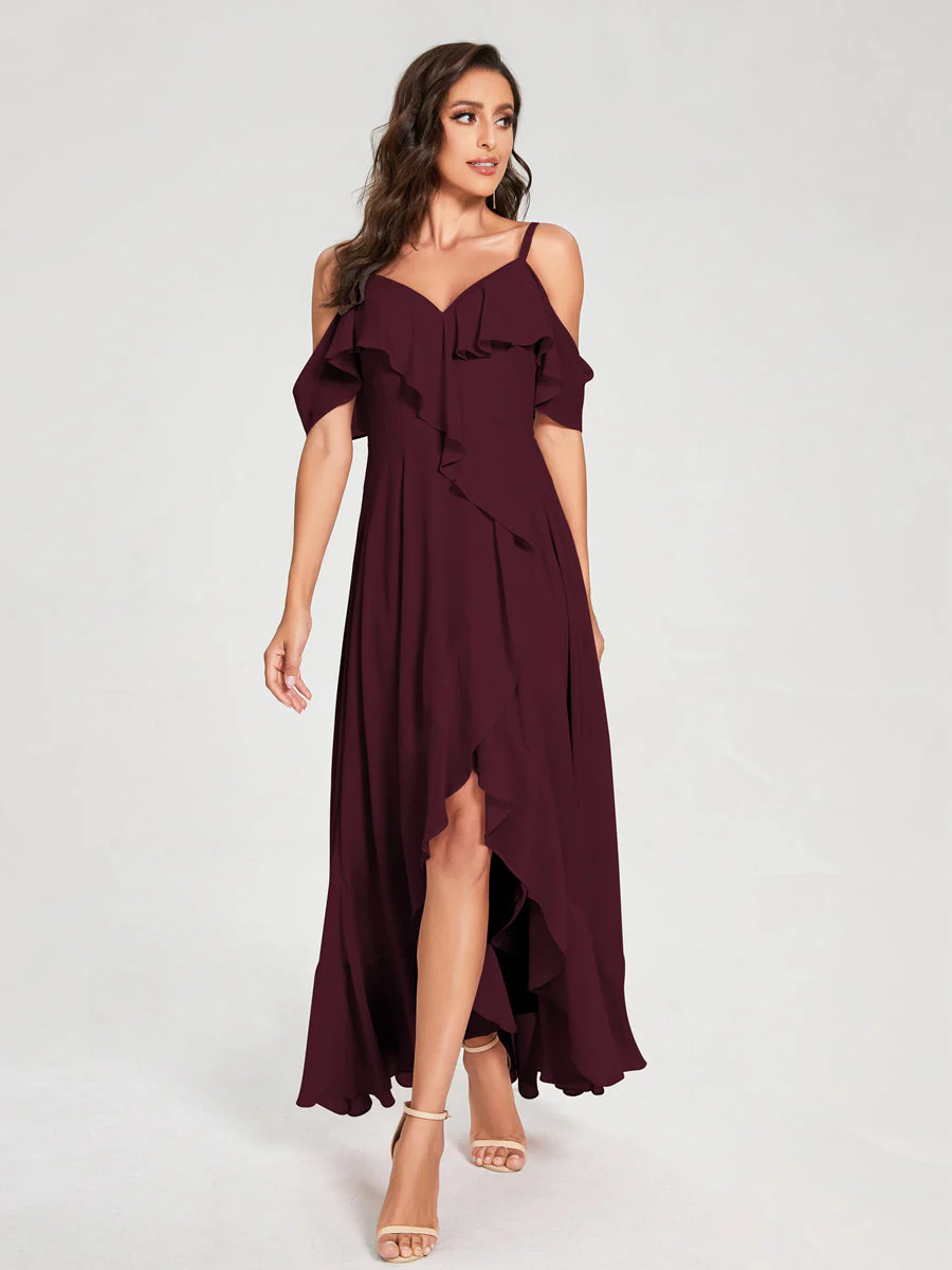 A-Line/Princess Chiffon Spaghetti Straps V-Neck Short Sleeves With Ruffles Asymmetrical Bridesmaid Dresses - Image 12