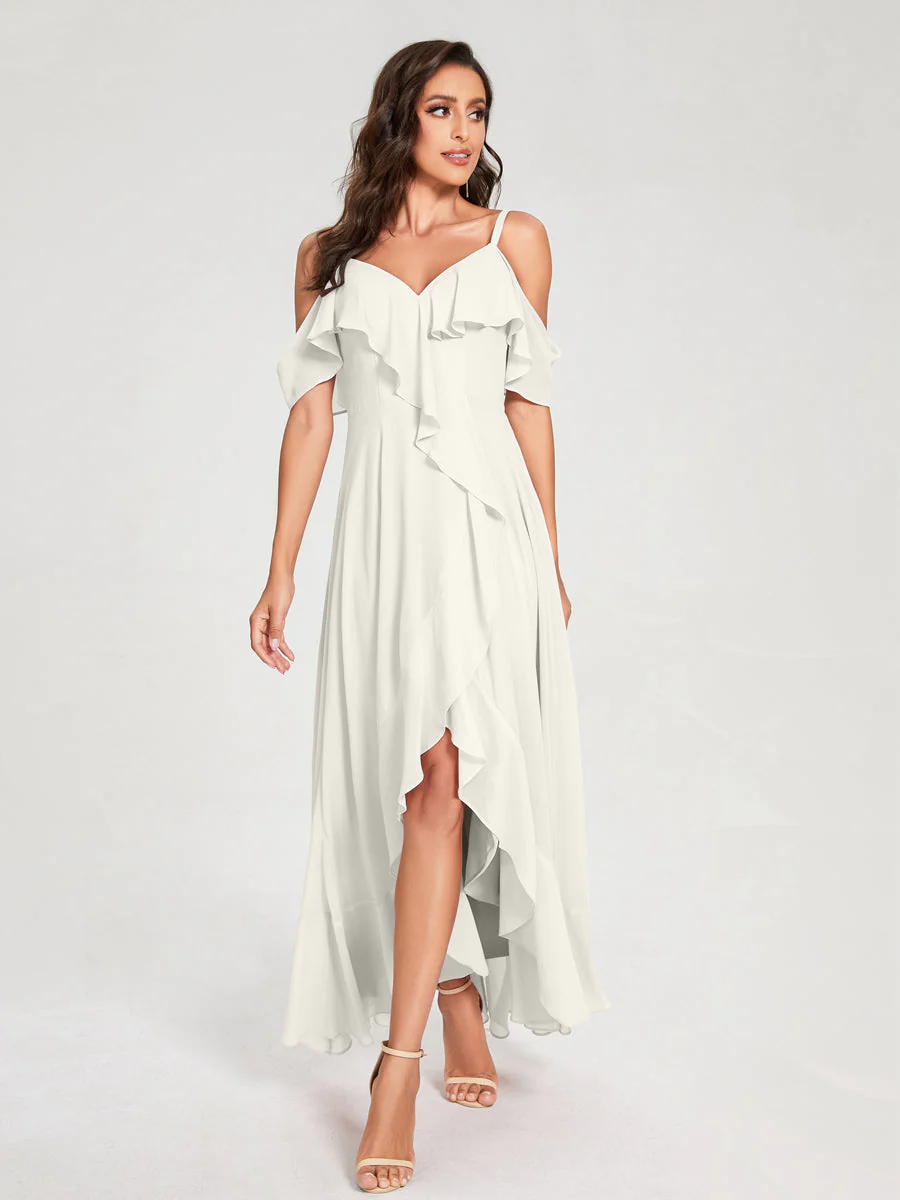 A-Line/Princess Chiffon Spaghetti Straps V-Neck Short Sleeves With Ruffles Asymmetrical Bridesmaid Dresses - Image 21