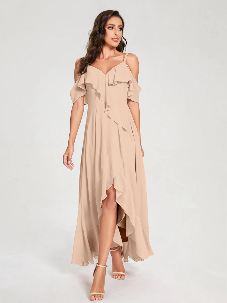 A-Line/Princess Chiffon Spaghetti Straps V-Neck Short Sleeves With Ruffles Asymmetrical Bridesmaid Dresses - Image 29