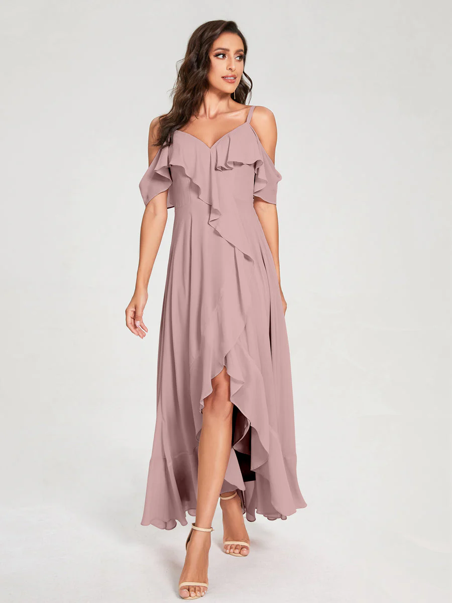 A-Line/Princess Chiffon Spaghetti Straps V-Neck Short Sleeves With Ruffles Asymmetrical Bridesmaid Dresses - Image 30