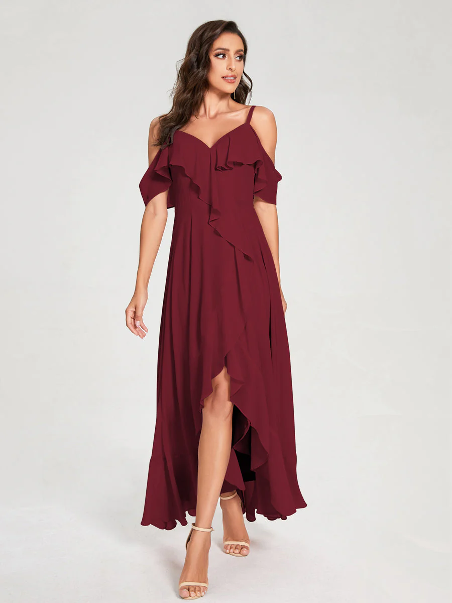 A-Line/Princess Chiffon Spaghetti Straps V-Neck Short Sleeves With Ruffles Asymmetrical Bridesmaid Dresses - Image 37
