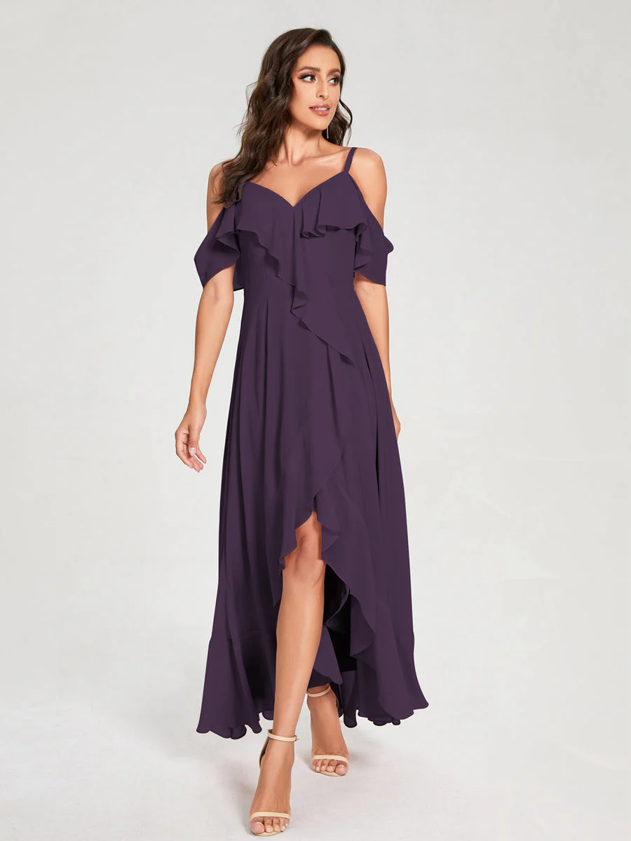 A-Line/Princess Chiffon Spaghetti Straps V-Neck Short Sleeves With Ruffles Asymmetrical Bridesmaid Dresses - Image 46