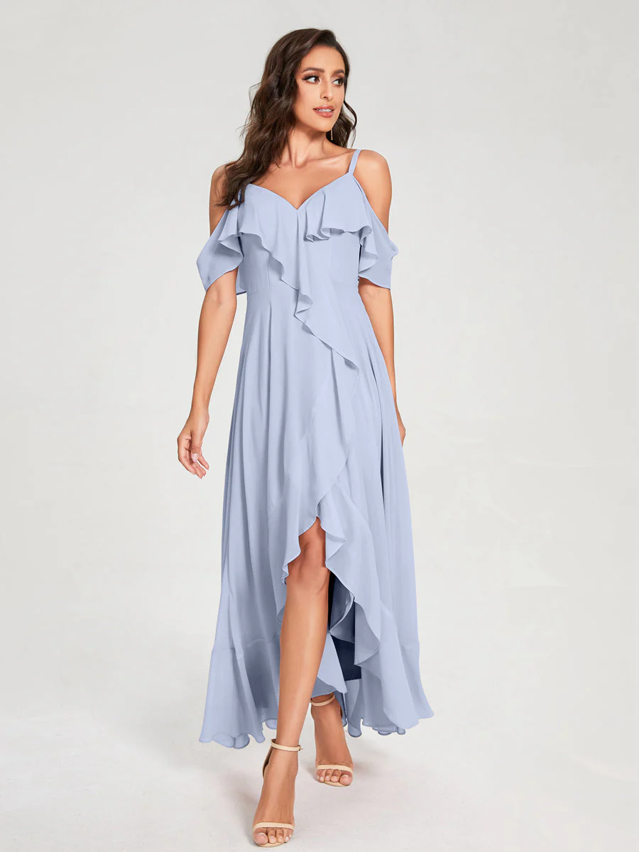 A-Line/Princess Chiffon Spaghetti Straps V-Neck Short Sleeves With Ruffles Asymmetrical Bridesmaid Dresses - Image 48