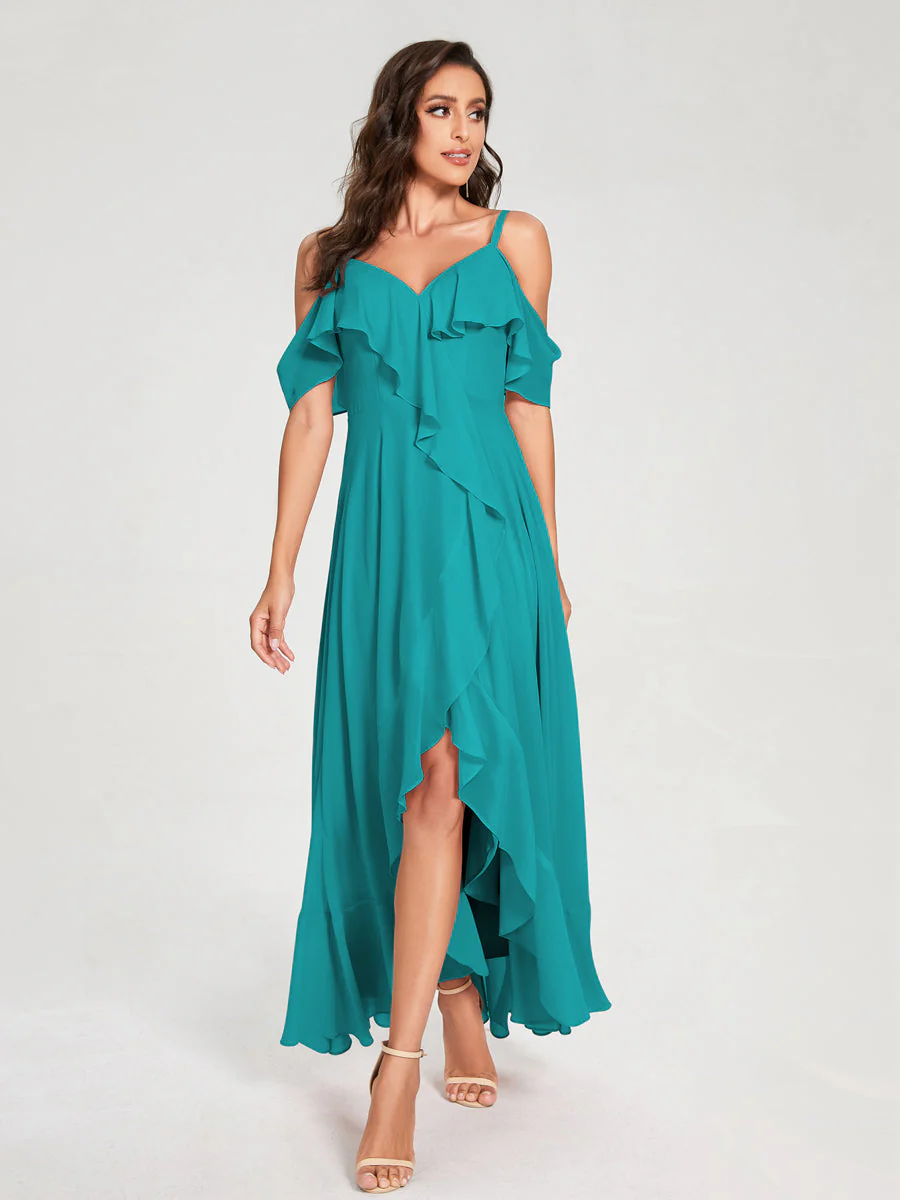 A-Line/Princess Chiffon Spaghetti Straps V-Neck Short Sleeves With Ruffles Asymmetrical Bridesmaid Dresses - Image 52
