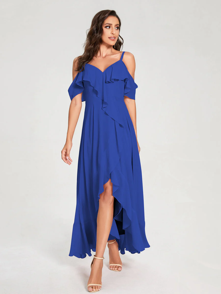 A-Line/Princess Chiffon Spaghetti Straps V-Neck Short Sleeves With Ruffles Asymmetrical Bridesmaid Dresses - Image 54